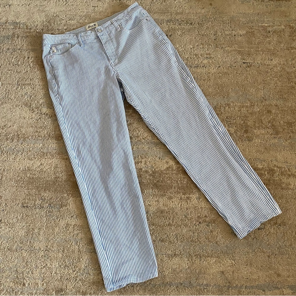 Seven7 Straight Leg Blue White Striped Jeans Pin Stripe Cotton High Waist: 12